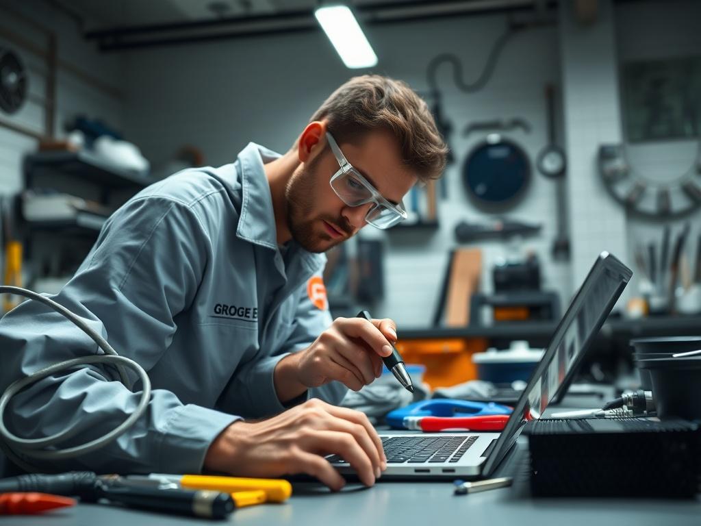A focused shot of a technician diagnosing a Google Chromebook