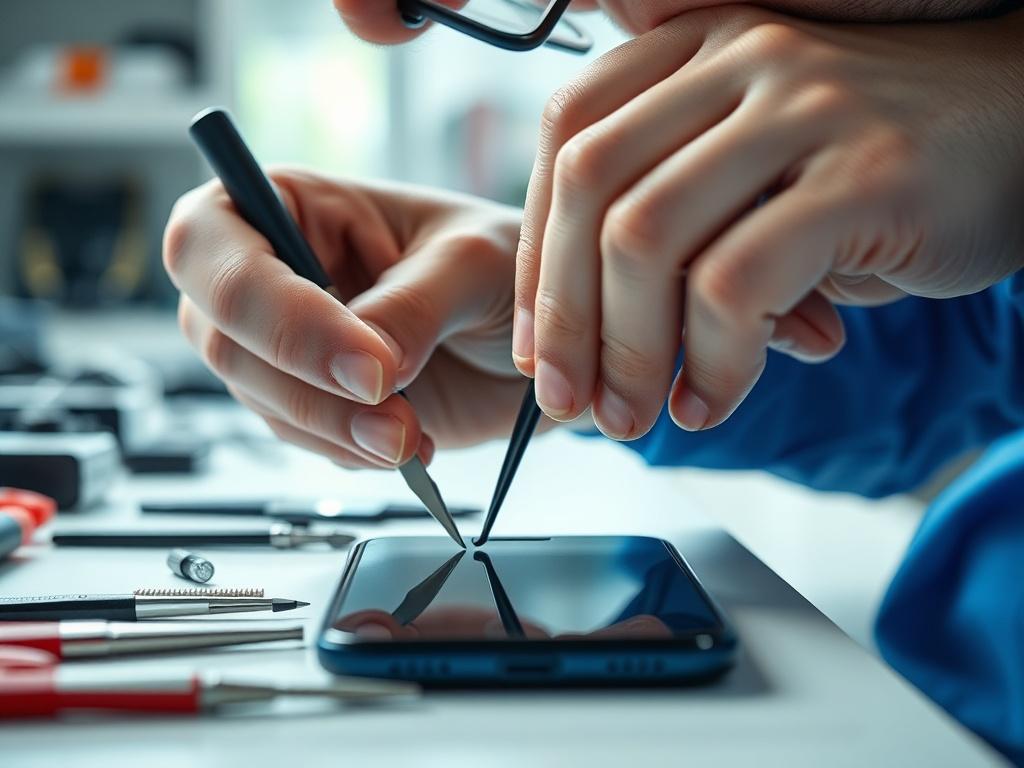 A close up image of a technician carefully replacing the